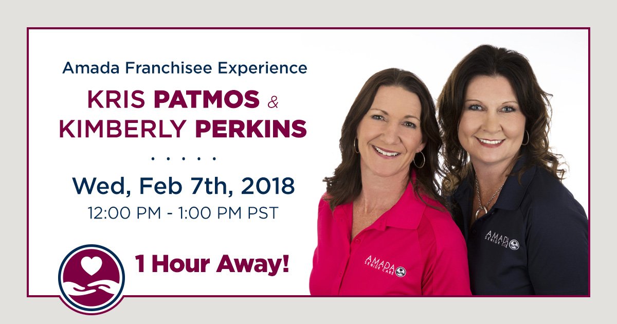 The Q&amp;A with Kimberly Perkins-Akers and Kris Patmos, owners of Amada Senior Care Mesa, starts in ONE HOUR! Tune in to find out if an Amada franchise is right for you. 
bit.ly/2E59BPE