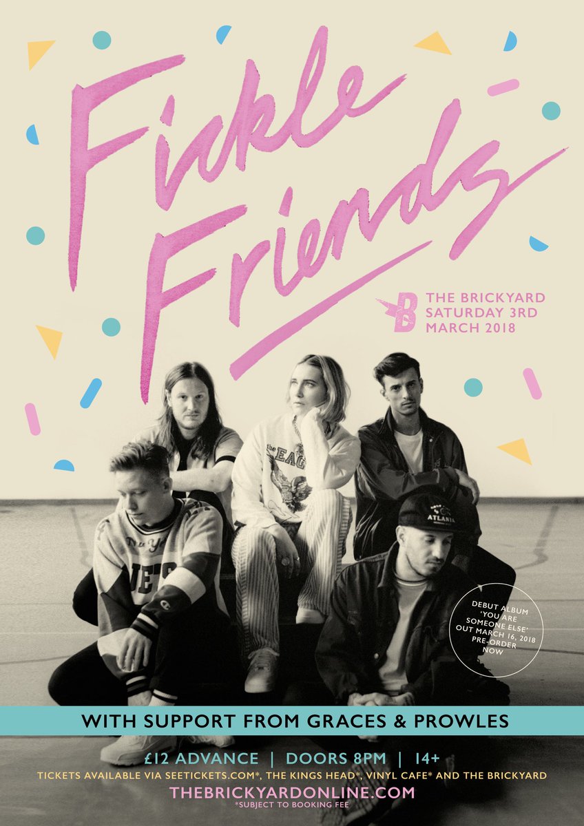 The excellent <a href="/gracesband/">G R A C E S</a> and <a href="/ProwlesMusic/">Prowles</a> will be supporting <a href="/ficklefriends/">Fickle Friends</a> on 3rd March - grab your tickets now for a cracking lineup! thebrickyardonline.com/index.php/2018…