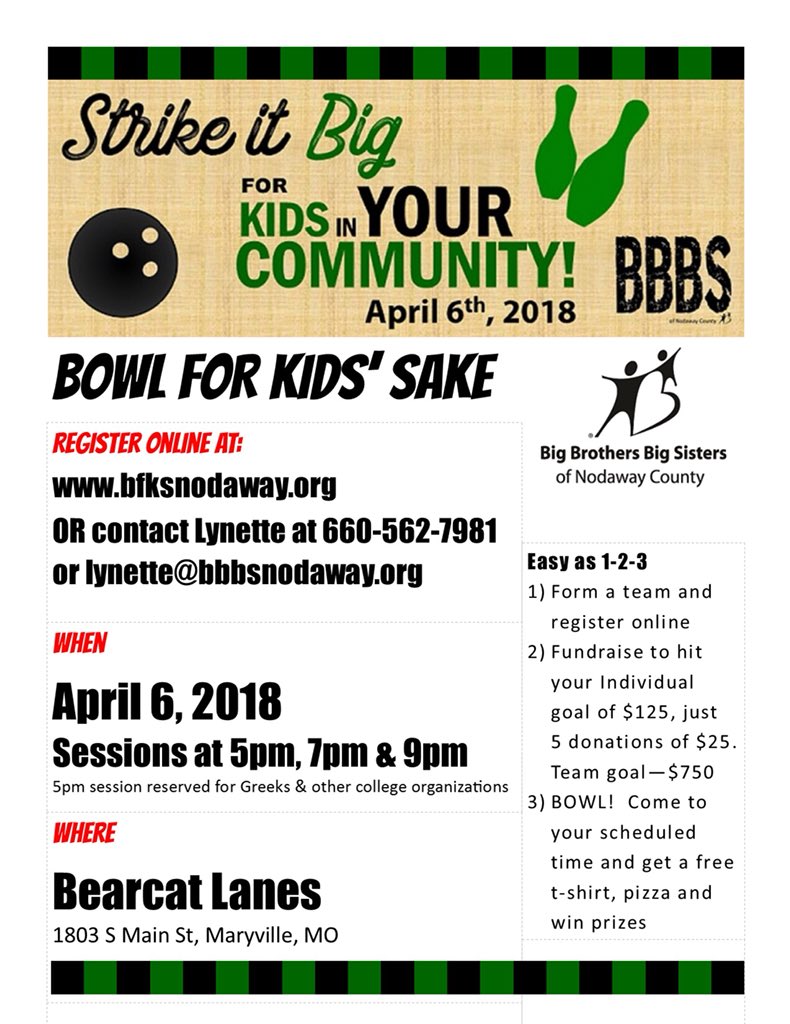 BBBSNodaway's tweet photo. Bowl for Kids’ Sake is less than 2 months away.  Sign up your team today! https://t.co/XM9nrSjB9n