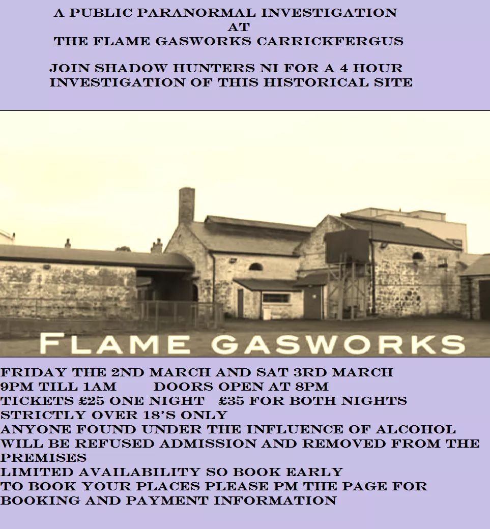FramcD's tweet image. Curious about the paranormal? Want to see how an investigation is conducted? And learn what types of experiments/equipment has been used through the years?

Why not come see for yourself on the weekend of 2nd-3rd March FLAME - Gasworks Museum carrickfergus.