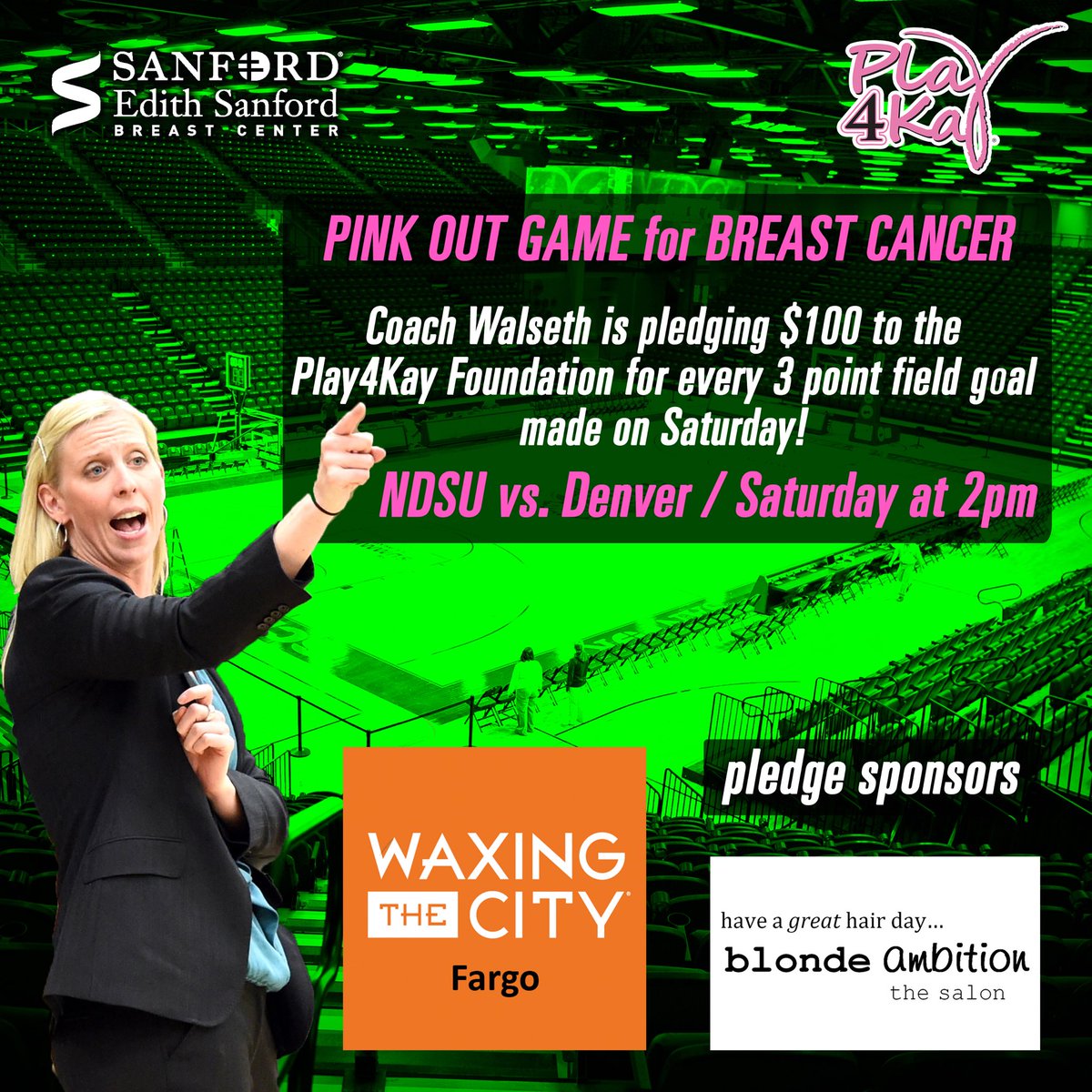 We r days away from this year’s #Play4Kay game. 2gether we can make a difference in helping the <a href="/KayYowFund/">Kay Yow Cancer Fund</a> impact the fight against cancer. Will u join our team &amp; pledge $ 4 3️⃣’s made by <a href="/NDSUwbb/">NDSU Women's Basketball</a> ? #WearPink #CelebrateTheVictories