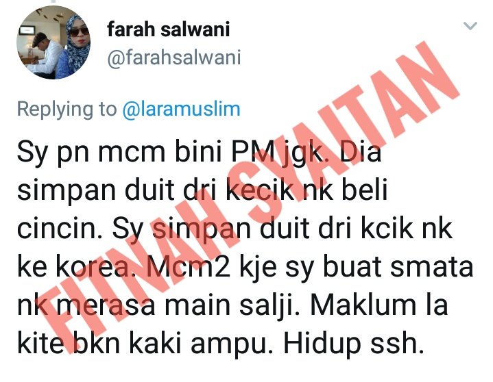 laramuslim's tweet photo. @farahsalwani Merangkak lah kau kt akhirat nanti. Bila hati dh hitam. Fitnah jd makananan. Darah daging hasil dr Fitnah. Mengucaplah. https://t.co/E3EPc4Ql4i