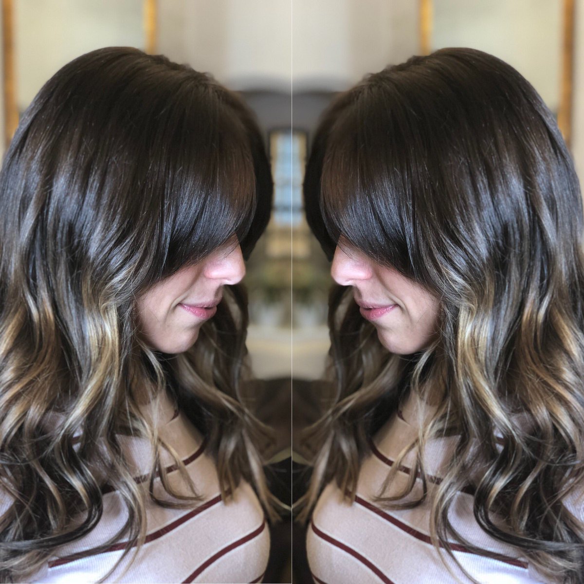 70s vibes! Face framing fringe with face framing lights. #avedaartist