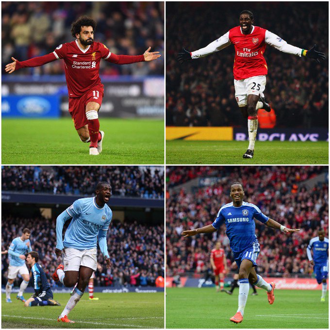 A photo montage shows Mohamed Salah (upper left), Emmanuel Adebayor (upper right), Yaya Toure (lower left) and Didier Drogba (lower right) celebrating goals.