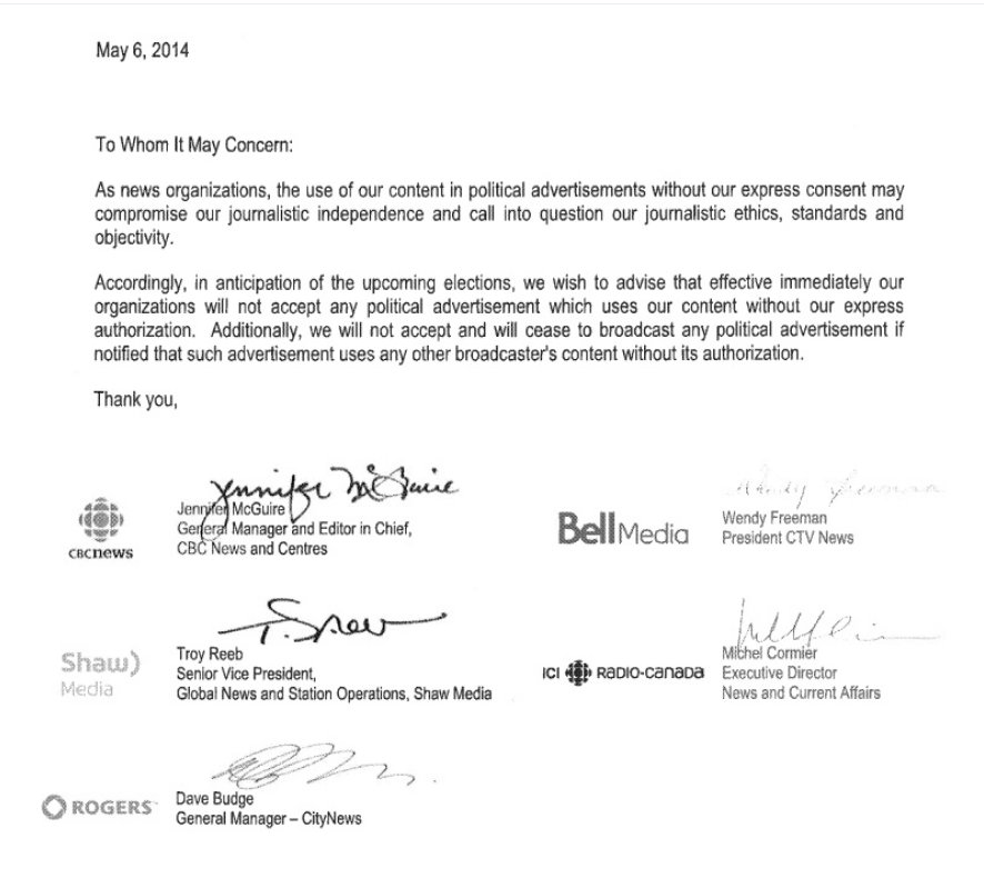 4/5 Even though CBC lawyers insisted news footage in political ads is allowed under statutory 'fair dealing' exemptions in the Copyright Act, the media consortium issued their decree: They would refuse to air political ads which they did not explicitly approve.  #cdnpoli