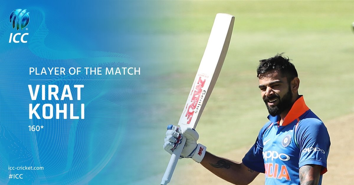 icc on twitter virat kohli is player of the match for his superb 160 from just 159 balls savind icc on twitter virat kohli is player