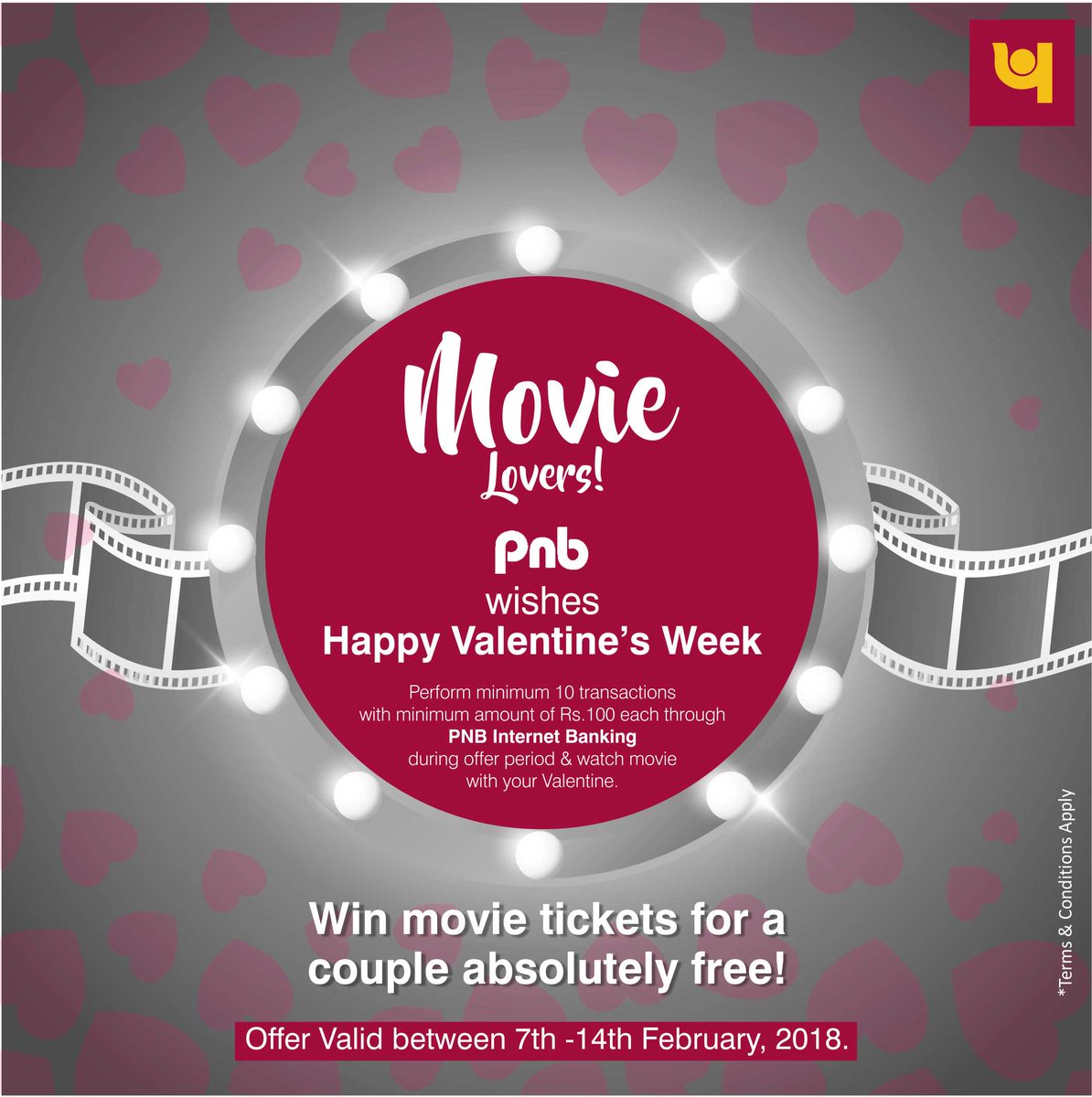 pnbindia's tweet image. Make this #ValentinesDay truly special for your loved one. Make highest number of utility bill payments and e-commerce transactions through #PNB Internet Banking and stand a chance to win free movie tickets worth Rs. 1000 for a couple. TnC goo.gl/4fHtYn