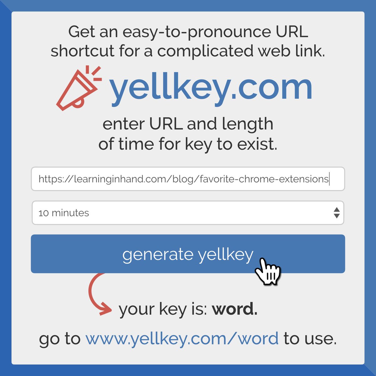 📣 YellKey.com generates short URLs with common English words. The URLs only work for a short period of time, but they are always easy to pronounce and type.

Read my post: tonyv.me/yellkeypost