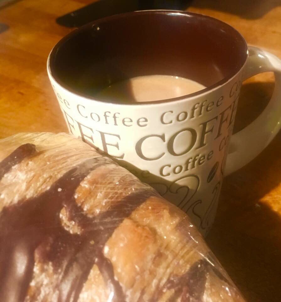 O’Bean’s Fresh Roasted Guatemala with a splash of cream and a Chocolate Croissant...Perfect way to start the day!