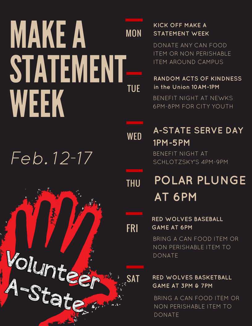VolunteerAState's tweet photo. Make A Statement Week is next week! Start gathering your canned food items to donate to the Food Fight vs. UALR and get signed up to volunteer on A-State Serve Day at https://t.co/i69U6iXQv5. https://t.co/jlar7rrYEv