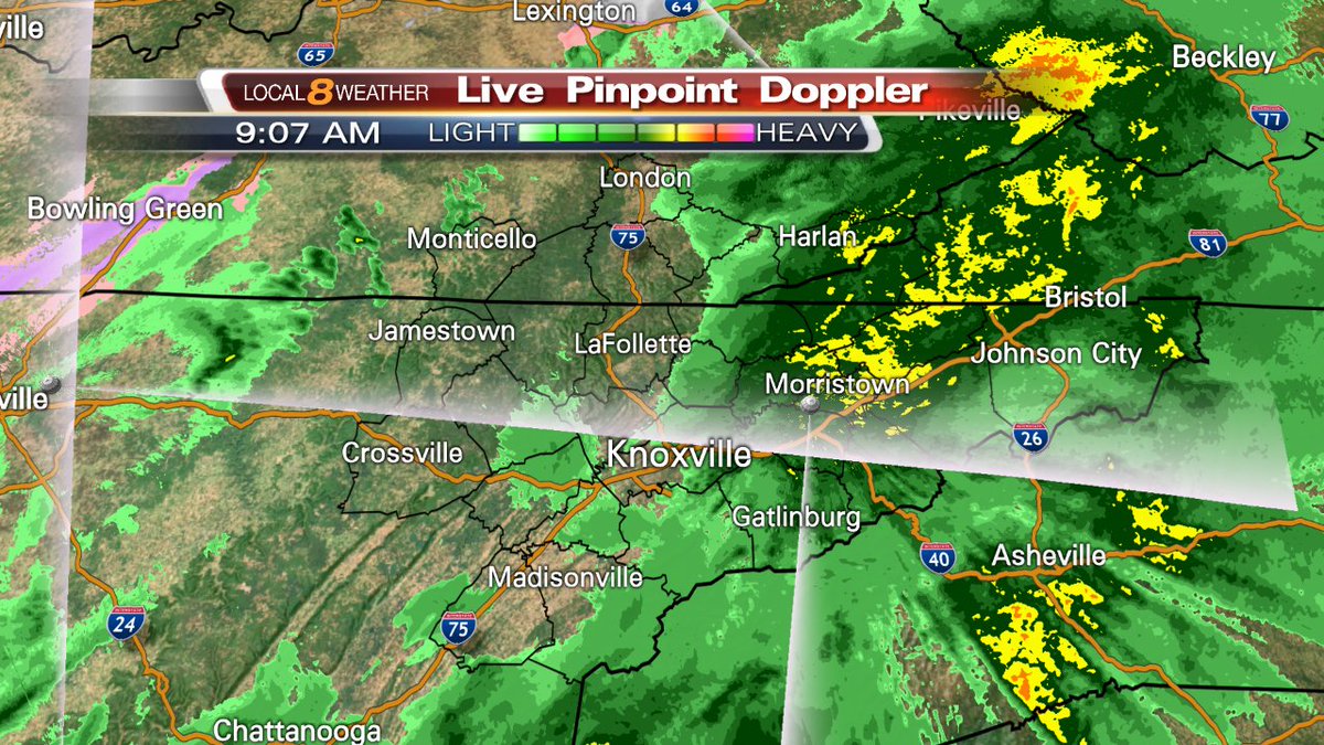 ETNHeather's tweet photo. Half of our area has showers now, with the heavy rainfall concentrated in the Eastern half.  Clouds and showers are the story the rest of the day, and the #Local8wxAlert comes to an end as roads have a chance to improve!  https://t.co/QeV1mZZoXJ https://t.co/g89aTAZED2