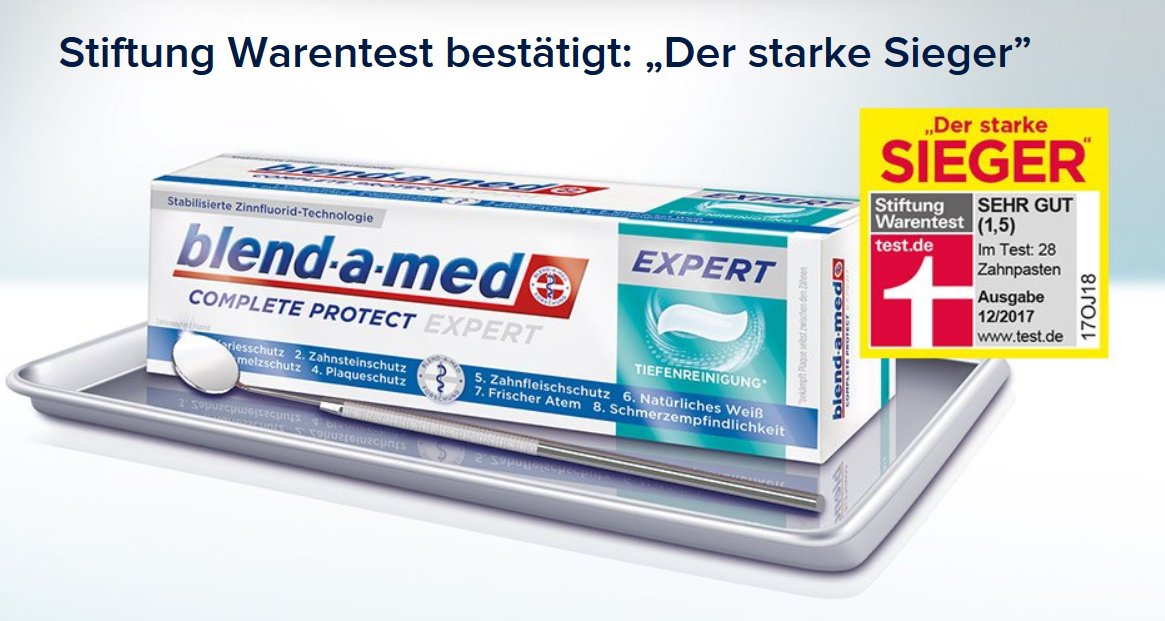 PGDeutschland's tweet photo. @warentest bestätigt: „Der starke Sieger” kommt aus dem Hause #blendamed. Die blend-a-med COMPLETE PROTECT Expert ist einzigartig durch ihren stabilisierten Zinnfluorid-Komplex. https://t.co/IFf4H6fSri #stiwa @OralB_DE https://t.co/uphQxfAWDa