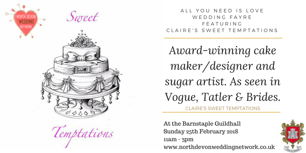 NDWedNetwork's tweet photo. Claire's Sweet Temptations Award winning cake maker/designer and sugar artist @BarumTC Barnstaple Guildhall's "All You Need Is Love" #WEDDINGFAYRE! Sunday 25th February 11am-3pm See amazing local suppliers from @NDWedNetwork More> https://t.co/QxTYlGtyHb #NDWN #Barnstaple https://t.co/T3WQfqjJJx