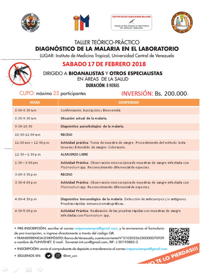NotiMedUCV's tweet photo. El Instituto de Medicina Tropical #UCV invita al Taller sobre Diagnóstico de Malaria a realizarse el próximo #17Feb 2018 https://t.co/uUwezk2PMc