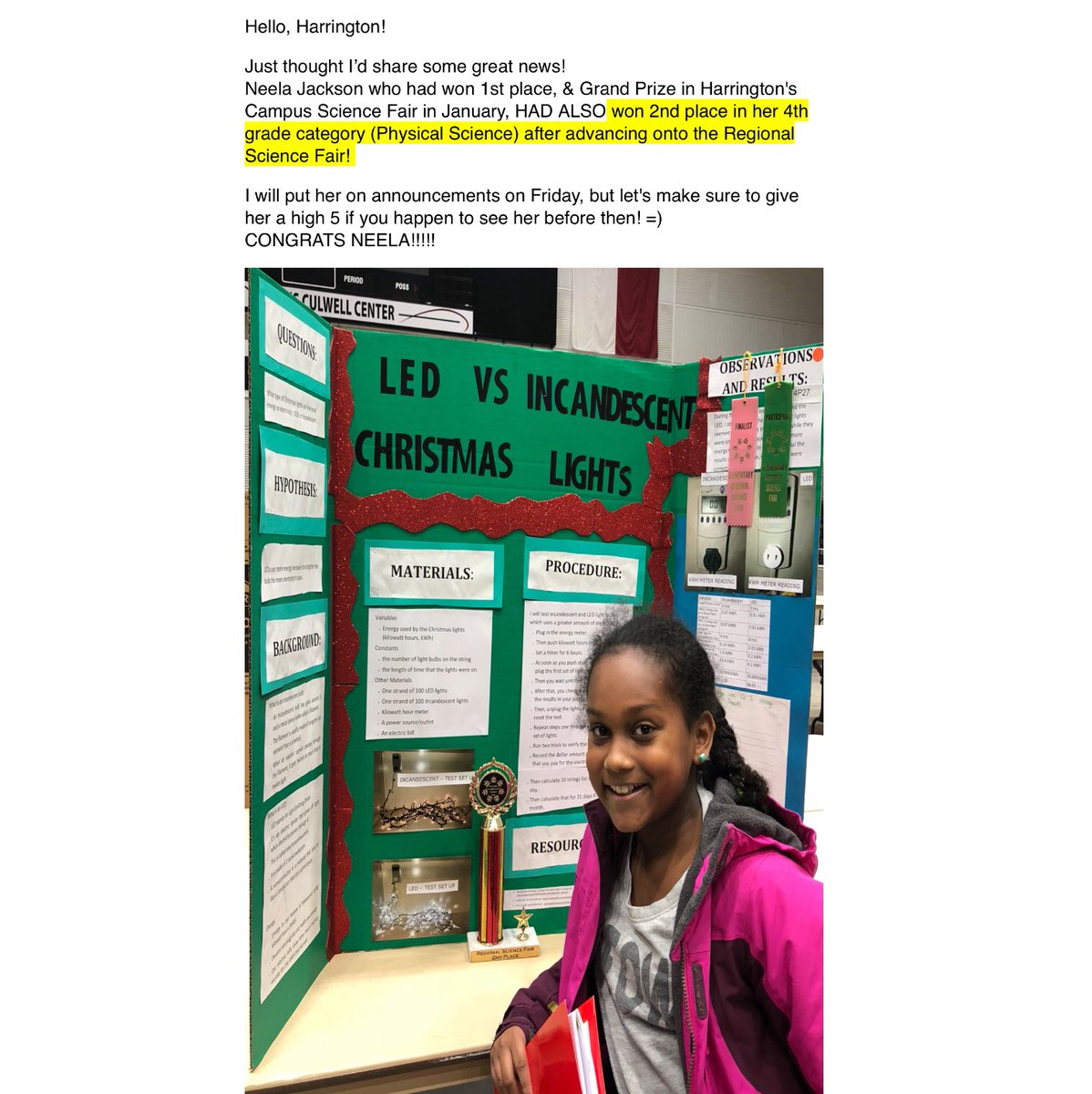 Harrington5th's tweet photo. Congratulations,Neela Jackson, for winning 2nd place in 4th grade Physical Science, after advancing onto the Regional Science & Engineering Fair, this year! #HuskiesCan #ScienceFair #Regionals #RegionalScienceFair #HarringtonElementary π©π½βπ¬ππ
π https://t.co/i1B3aGzQVe