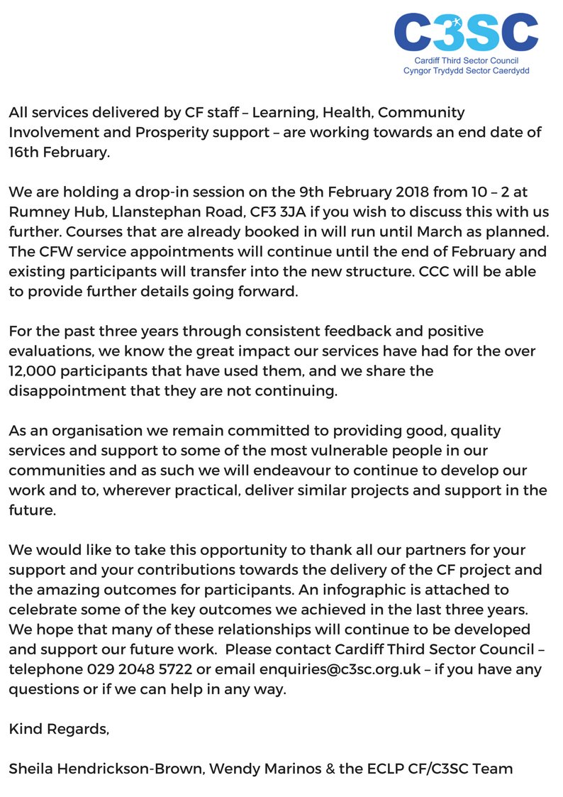 ECLPCF's tweet photo. It is with great sadness but also pride in the work we have done, that we announce the closure of the Communities First Project. Please see the attached letter and infographic for more information. Thanks for having us! #C1st #Cardiff #ECLP https://t.co/i4cfIobvaJ