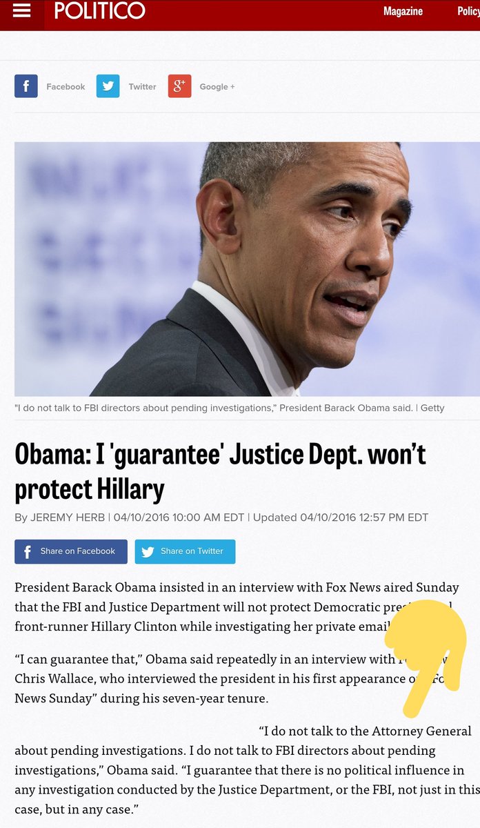 roz__ke's tweet photo. @DrMartyFox Obama said
"I do not talk to the AG about pending investigations. I do not talk to FBI directors about pending investigations. I guarantee that there is NO political influence in ANY investigation conducted by justice dept, or FBI, in this or any case"

#ObamaGate

Politico 4/16 https://t.co/lK4VSfUqid