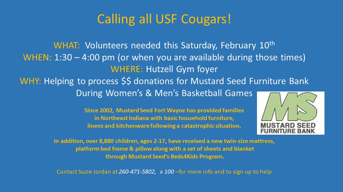 Serve_USF's tweet photo. A great opportunity to help a great organization.  Sign up on the OSSA website under the Community partner, Mustard Seed Furniture Bank.  Can be paired with service at the agency for service-learning requirement. https://t.co/y5S4Dovzkx