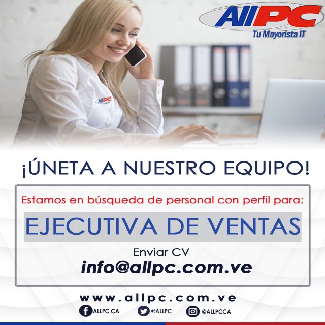 Allpc's tweet photo. ¿Estás buscando #Empleo!🔎 
únete a la familia #AllPC
Solo debes tener:
•Excelente presencia personal y trato con el público 
•Puntual, Responsable 
•Edad entre 23 y 35 años 
•Experiencia En Ventas 
•Capacidad de trabajo en equipo 
•Pro activa 
•Sexo Femenino https://t.co/QqVP7SscYz