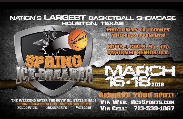NinaZDallas's tweet photo. ๐2018 SPRING ICE-BREAKER ๐
One of the Nationโs largest, most competitive basketball showcases! | March, 16th-18th in Houtson, TX. You donโt want miss this yearsโ lineup ๐๐ฅ๐ฅ
For more info: @RcsSports | #SIB2018 https://t.co/YBZepjs2Hm