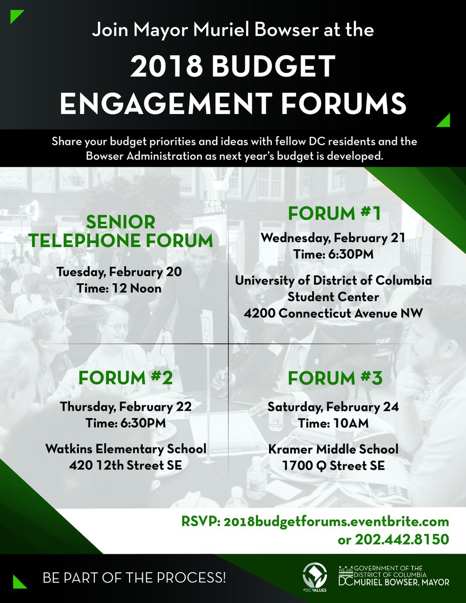 Join us at the 2018 Budget Engagement Forums. Share your budget priorities and ideas with fellow DC residents and the Bowser Administration as next year's budget is developed.