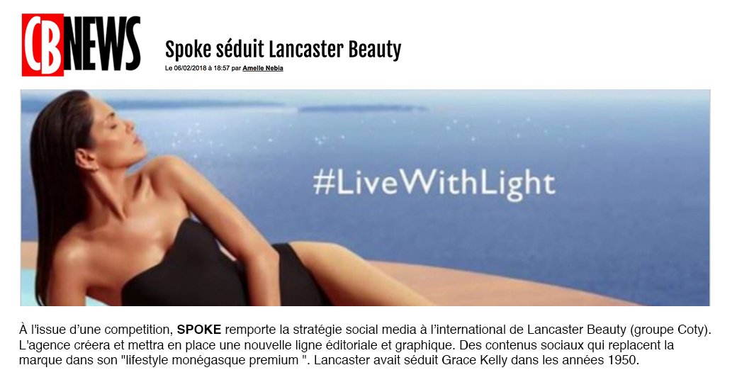 AgenceSpoke's tweet image. Nous sommes ravis d'accompagner la marque Lancaster Beauty sur son déploiement Social Media à l'international. Un positionnement auquel on adhère à 100% #LiveWithLight