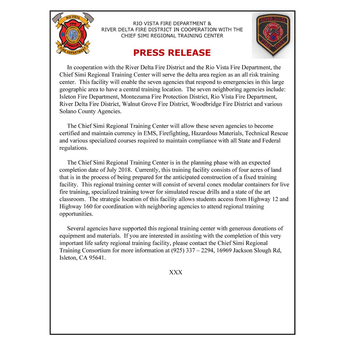 PRESS RELEASE: In cooperation with the River Delta Fire District and the Rio Vista Fire Department, the Chief Simi Regional Training Center will serve the delta area region as an all risk training center. Full press release: goo.gl/1q5dBT