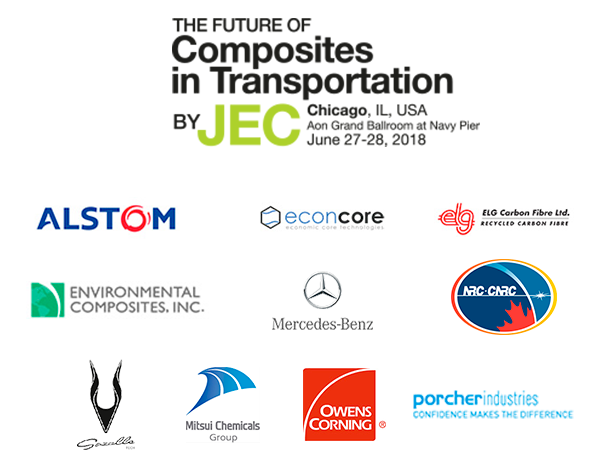 The Future of Composites in Transportation 2018: EconCore, ELG Carbon Fibre (in association with Alstom), Environmental Composites, Gazelle Tech, Mitsui Chemicals, National Research Council Canada, Owens Corning, Mercedes-Benz, Porcher Industries are confirmed for the Symposium!