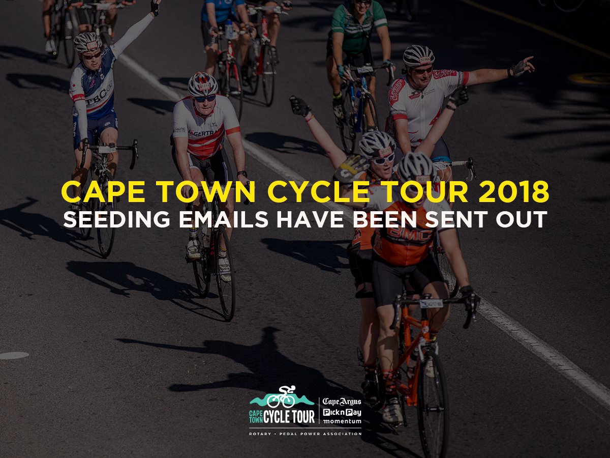 CTCycleTour's tweet photo. The @CTCycleTour 2018 seeding email has been sent out! Seeding emails will be sent out in batches. Reminder: Seeding queries will only be dealt with via the queries link. https://t.co/1Iy03pfGXB. You have until Wednesday, 14 February at 4pm to query your seeding. #CTCycleTour2018 https://t.co/7KLzBelMPt