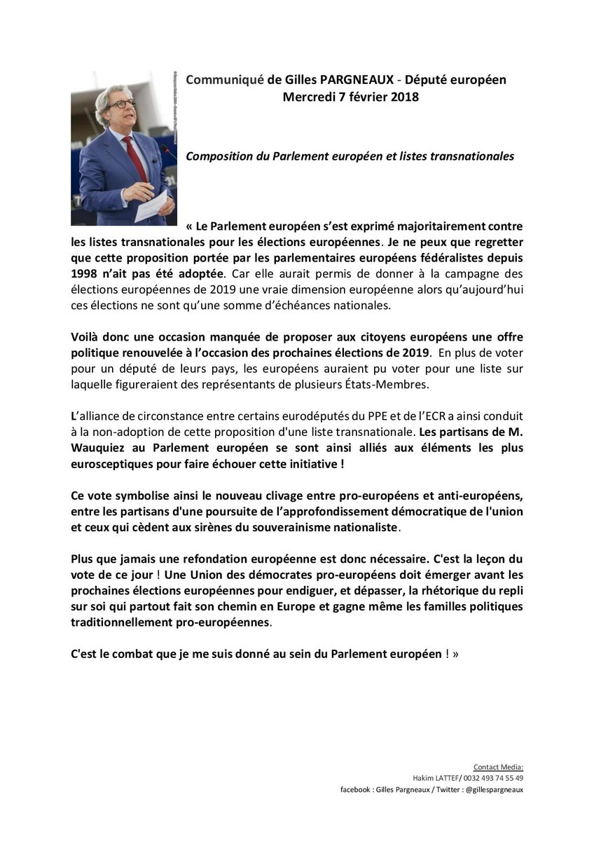 gillespargneaux's tweet photo. Le Parlement européen s'est exprimé majoritairement contre les listes transnationales pour les élections européennes . Retrouvez mon communiqué de presse suite à ce vote. #TransnationalLists https://t.co/QF2kArQ05B