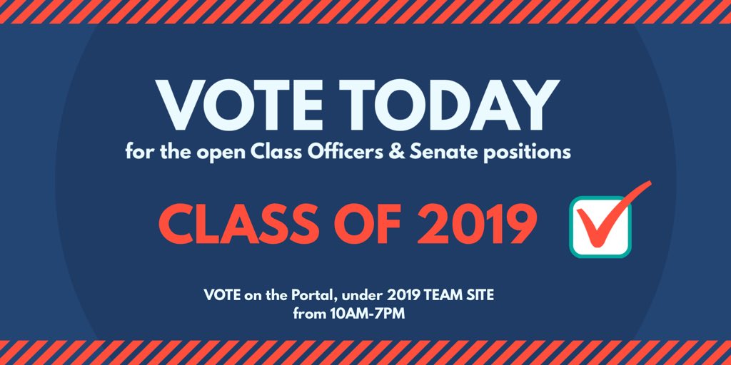 AC_SGA's tweet photo. 📍CLASS OF 2019📍 VOTE 🗳 TODAY on the portal (under team sites) for the special election! Polls open from 10am-7pm https://t.co/RzaUPE59nN