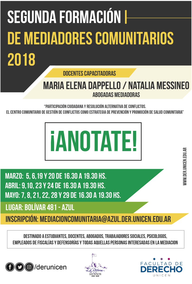 derunicen's tweet photo. Curso de Formación de Mediadores Comunitarios. Destinado a estudiantes, docentes, abogados, trabajadores sociales, psicólogos, empleados de fiscalías y defensorías y todas aquellas personas interesadas en la mediación. Inscribite en https://t.co/JMqOjp2bav https://t.co/oU14Kg8FbP