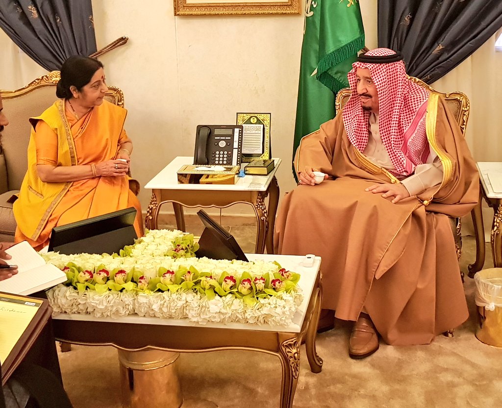 MEAIndia's tweet photo. EAM @SushmaSwaraj calls on His Majesty the King of Saudi Arabia Salman bin Abdulaziz Al Saud in #Riyadh. Steps to further intensify our strategic partnership in all sectors and to work together towards each other's progress came up during warm discussion. #IndiaAtJanadriyah https://t.co/Ayj3urX1Dh