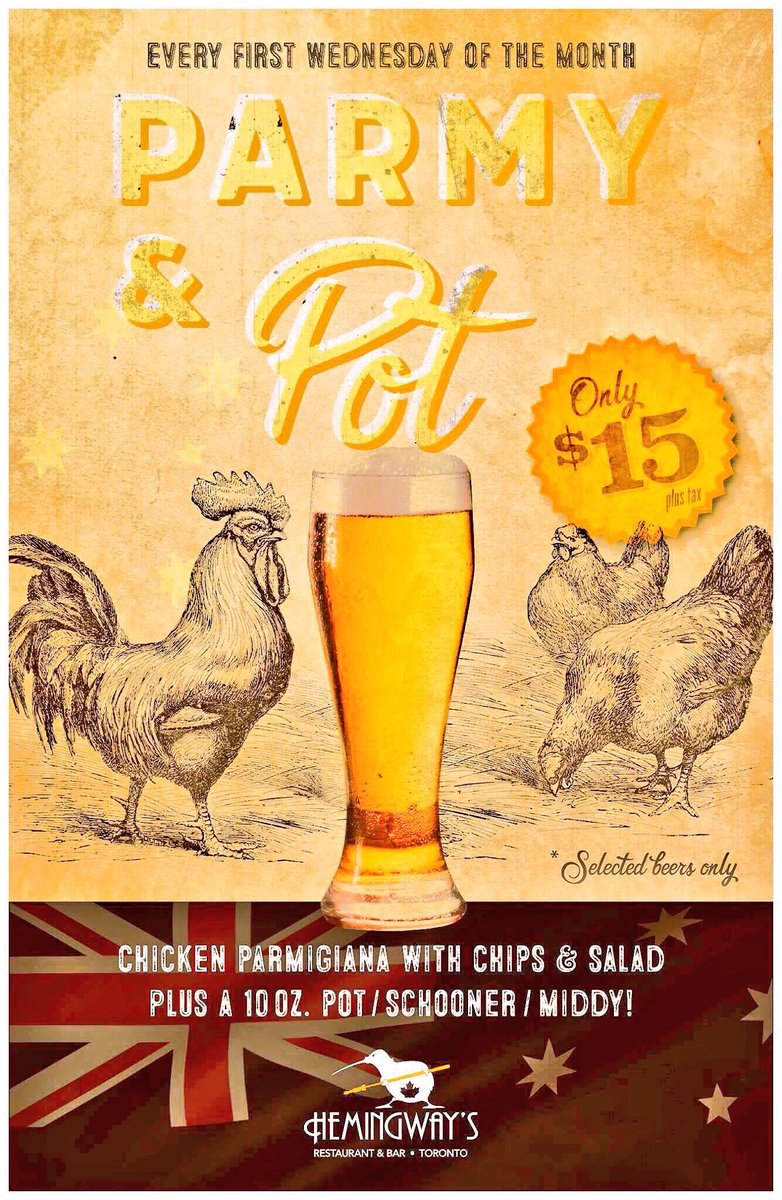 AussiesinTO's tweet photo. Tonight at @HemingwaysTO #AussieNight #ChickenParmy&amp;Beer @coopersbrewery for $15 #rooftopPatio 🇦🇺🍺 https://t.co/oUVTc9EeOR