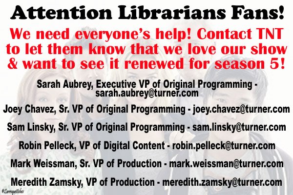 Larroquettishes's tweet photo. Like @Dean_Devlin said - let's "make some noise"!! 🔔🔔

Tag EVERYTHING with #TheLibrarians &amp; @tntdrama!

Share, share &amp; share some more on ALL of your social media pages!

If you haven't emailed TNT, now would be a great time! Let them know we want our season 5⃣!! ~PS https://t.co/yn0Mty0iUg