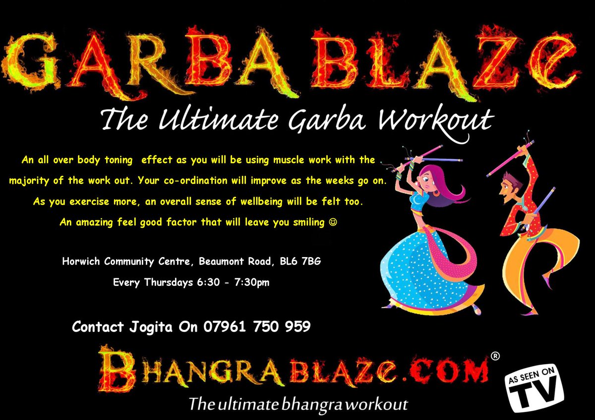 HorwichResource's tweet photo. Garba Blaze is a fitness workout and is like many other aerobic exercises, in regards to requiring commitment, consistency and progression. GarbaBlaze can be an excellent substitute for your cardio needs in your workout and helps build stamina and endurance. THURSDAYS 6.30-7.30pm https://t.co/FuTo2jDcYK