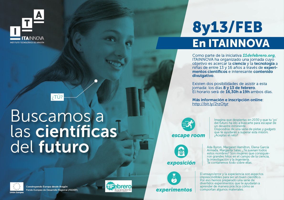 acarolinabl's tweet photo. Nos queda alguna plaza para el día 8!! Buscamos a las científicas del futuro! Te esperamos! @ITAINNOVA @11defebreroES #11defebrero #Cientificas11F #diamujeryciencia #STEM #11FenITAINNOVA https://t.co/Gz9AhjRiH7 https://t.co/BPYNjGc0ZX