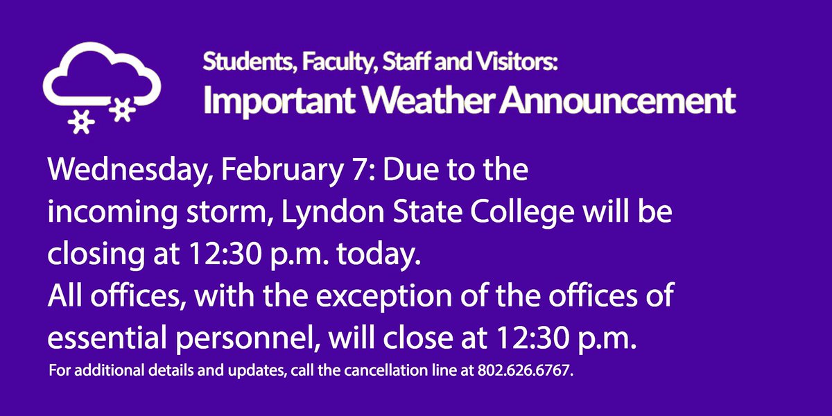 The College is closing today at 12:30. The Steven's Dining Hall will have regular hours today; the Hornet's Nest is closing early tonight at 9:00 p.m.