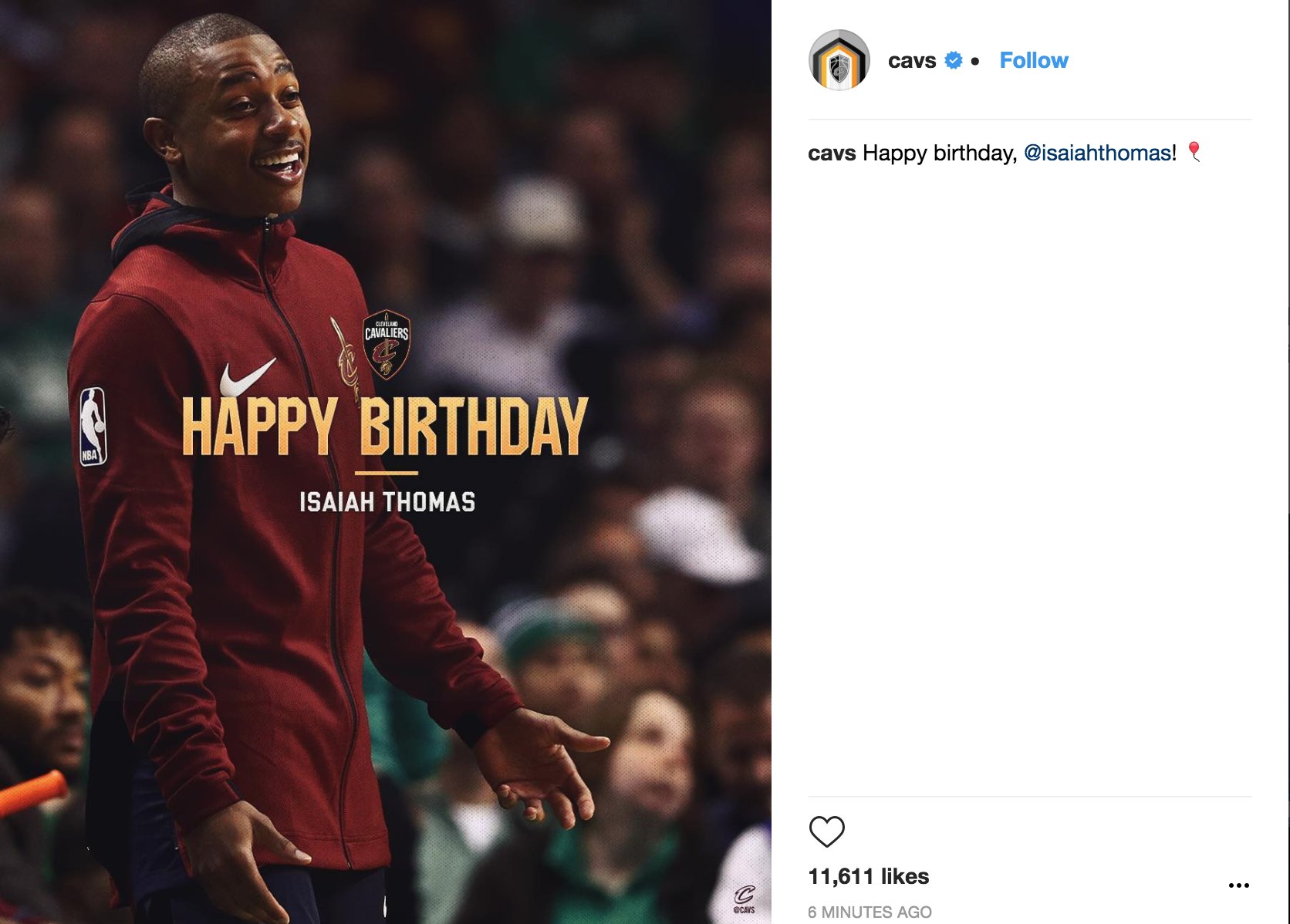 The Cavs wished Isaiah Thomas a happy birthday on Instagram, but disabled the comments 