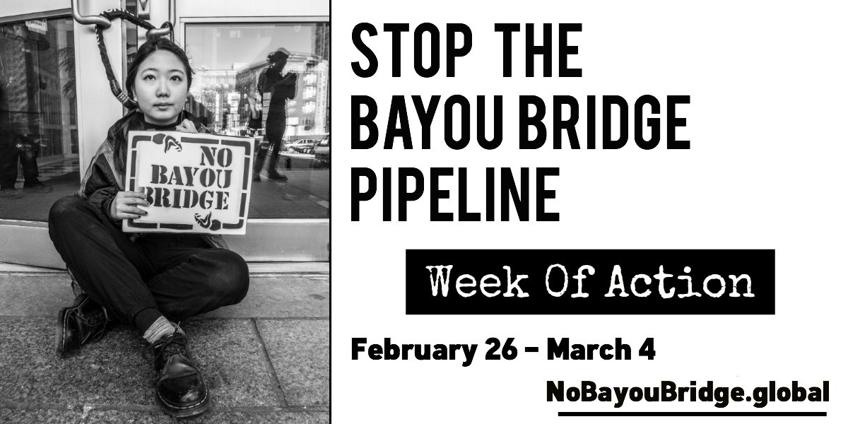NoBayouBridge's tweet image. From Feb 26 - March 4 join the Week of Action to Stop the Bayou Bridge Pipeline. With construction underway, we need your support now more then  ever. Find a target and take action: NoBayouBridge.global  #NoBayouBridge