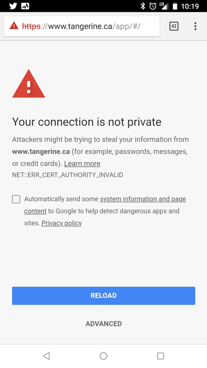 McAllisterWeb's tweet photo. Heads up @TangerineHelps -
Users are unable to access https://t.co/yYl5KH9v1j using @googlechrome Dev v66.0.3335.4 today.

@TangerineBank please replace your untrusted @symantec certificate (issued prior to June 1, 2016).

https://t.co/wa3ZxeKGDt https://t.co/BkdVMOx9Jt