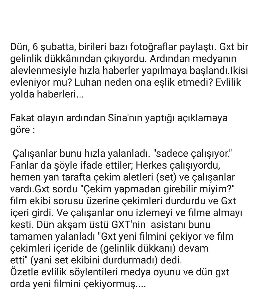 Hunhan_turkey's tweet photo. Çok gecikmez ve Allkpop haberi iyice doldurup kafasına göre paylaşır.Buyrun haberin aslı. Gxt orda film çekiyor çevresindeki de set ekibi.
Gxt didn't look wedding dress.She just record new movie here the link⬇️
https://t.co/PnrNfJ7Xzt
#guanxiaotong #luhan #getmarry #xiaotong https://t.co/id2zGVzxzt