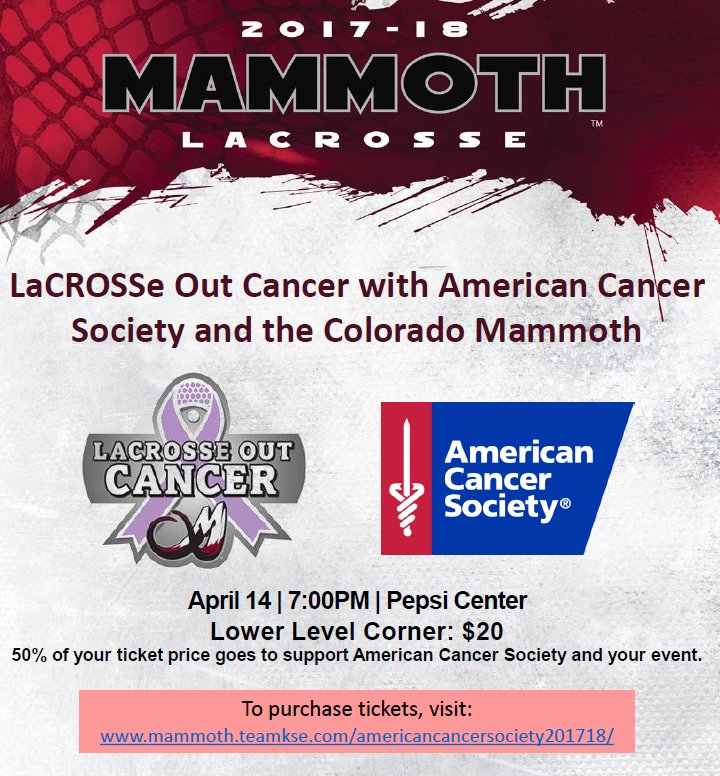 DenverStrides's tweet image. Lacrosse Out Cancer with the @MammothLax is back! Join us on 4/14 and choose "Strides" at checkout for 50% of your ticket price to be donated back to your #MakingStridesDenver bit.ly/2EaG22J