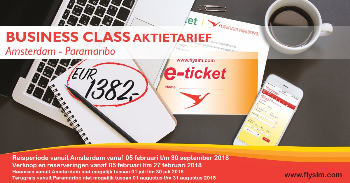 SurinamAirways's tweet photo. Business Class special Amsterdam to Paramaribo v.v. for EUR 1.382,-. Reservations and sales u/i February 27, 2018. #FlySurinamAirways #FlyBusinessClass https://t.co/9D13OyKfFX https://t.co/cf9Q1bQ5fm