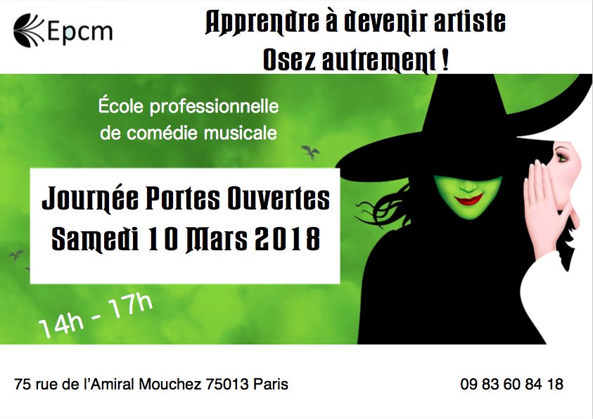 L'EPCM est heureuse de vous ouvrir ses portes le samedi 10 Mars ! A cette occasion vous pourrez participer à un cours de chant, un cours de danse et un cours de théâtre. Il vous sera également possible de rencontrer nos élèves. N'hésitez pas à vous inscrire !