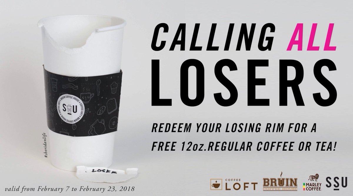 the_ssu's tweet photo. What better way to celebrate losing Roll Up The Rim than to bring your losing rim to The Coffee Loft, or The Bruin Coffee House for a free 12 oz. coffee or tea? We've got you covered ☕ #PleasePlayAgain #SheridanLife #RrrollUp #CaffeineFix https://t.co/Zv0yAGmyec