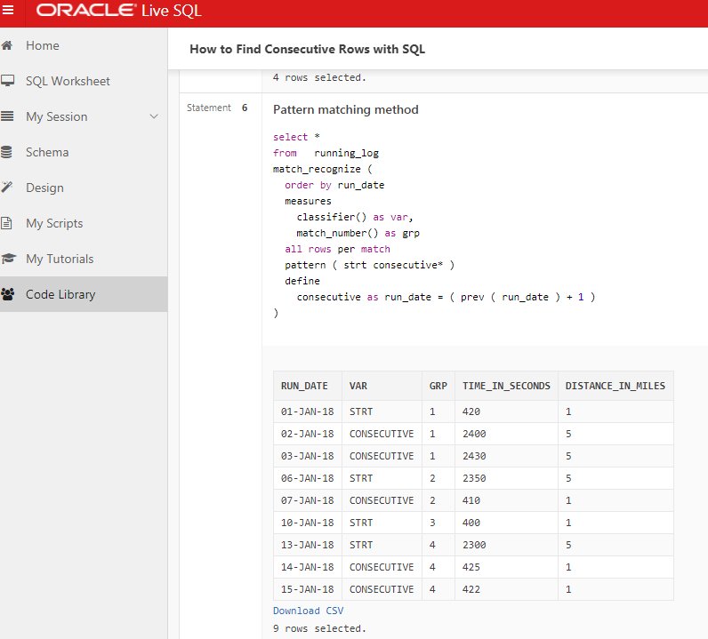 OracleLiveSQL's tweet image. How to find consecutive rows with #SQL via @chrisrsaxon livesql.oracle.com/apex/f?p=590:4… #Oracle
