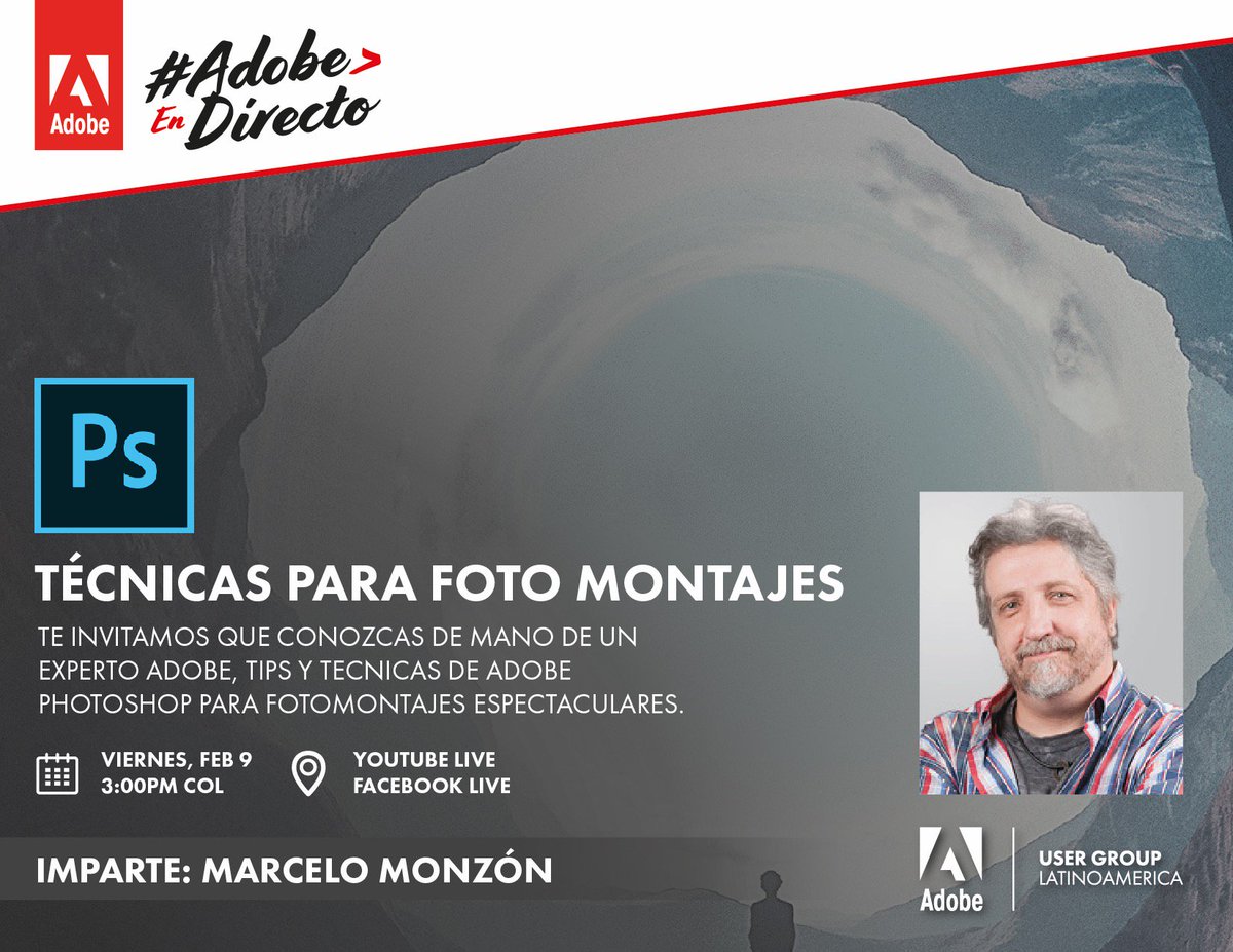 MarceloMonzon's tweet photo. Nos vemos este viernes en #AdobeEnDirecto donde mostraré algunas cosas sobre fotomontajes en @AdobeLa @Photoshop no se lo pierdan, registro: https://t.co/jCxOeGfPRS Canal de Youtube https://t.co/SV1v3mCS6h @CamiloAdobe @nivelPROCo @WbolanosCo https://t.co/zNARzx1Jn5
