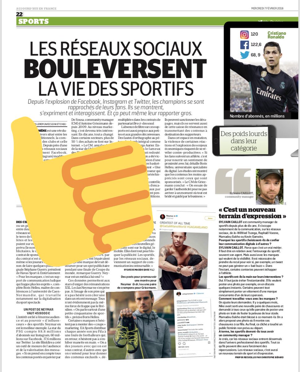 sylvaincaillot's tweet photo. « Les Réseaux Soxiaux bouleversent la vie des Sportifs » ! Retrouvez mes propos dans « Aujourdhui’hui en France » via Le Parisien #SportifDigital #Sportbusiness #Smsport #ComManager #CM #digisport #socialmediamarketing #communication #Cristiano #Neymar #Griezmann #sportsbiz https://t.co/ddrlAYRZ9e