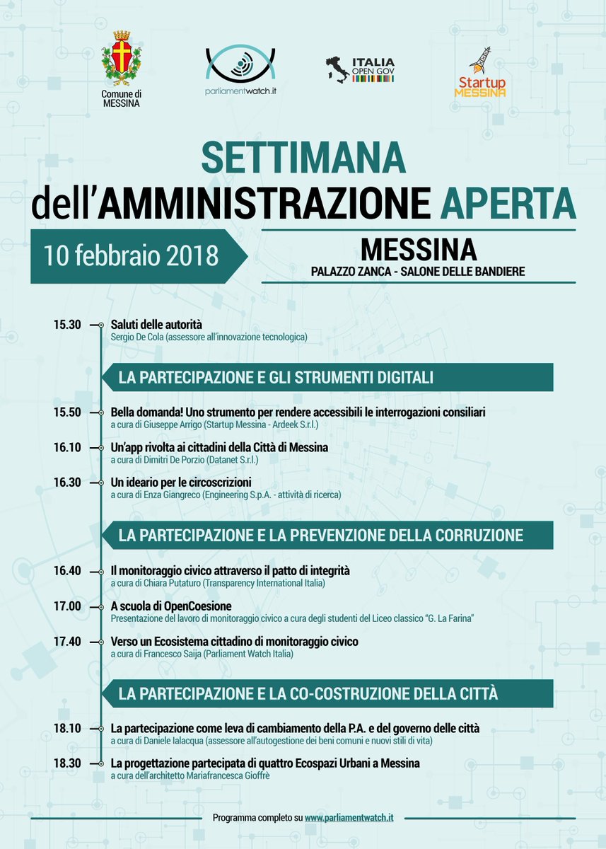 ParlWatchItalia's tweet photo. Il 10 febbraio, #Messina aderisce a #SAA2018.
Strumenti digitali, anticorruzione e co-costruzione della città i temi chiave per quest'anno. Scopri il programma e #partecipa
https://t.co/L88Ph5vXpy https://t.co/IwPkLFGXuo